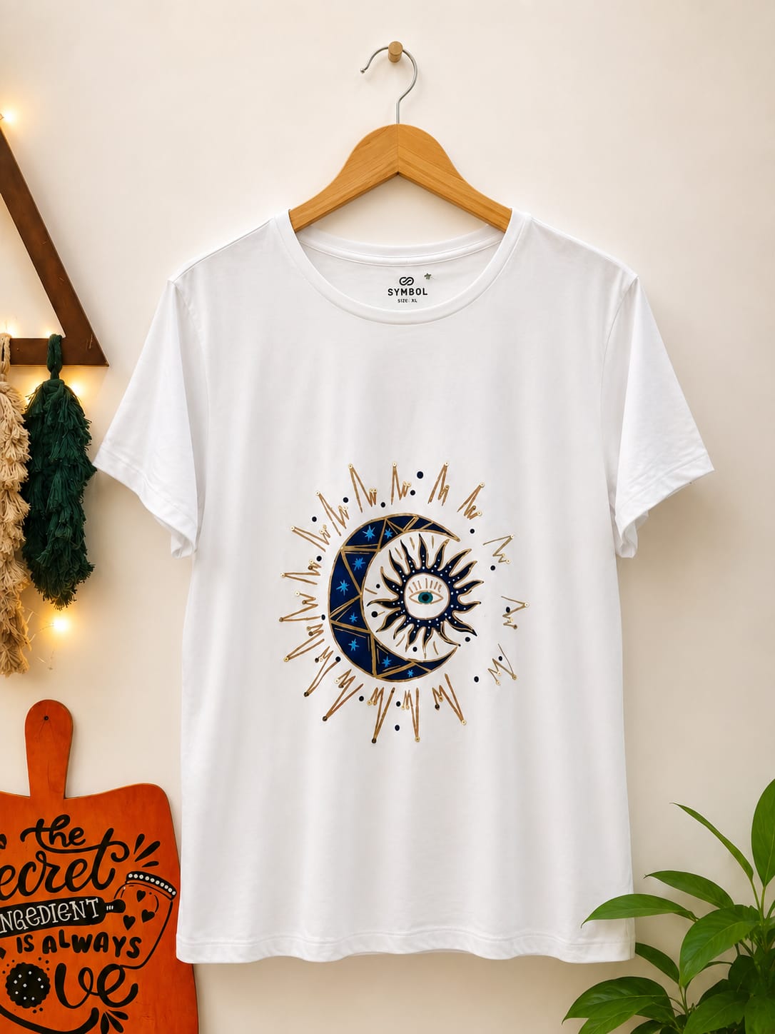 Handcrafted Celestial Duo – White Cotton T-Shirts with Moon & Sun and Artistic Eye Embroidery