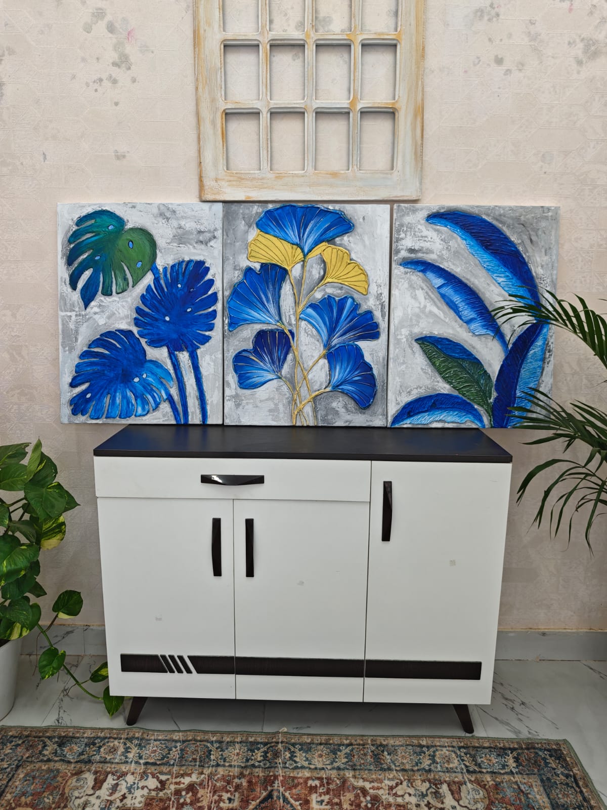 103 Blue Botanical Triptych | Clay Texture & Acrylic