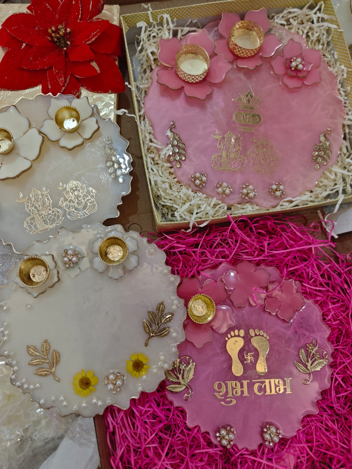 2 Handcrafted Resin Puja Thali with Diyas