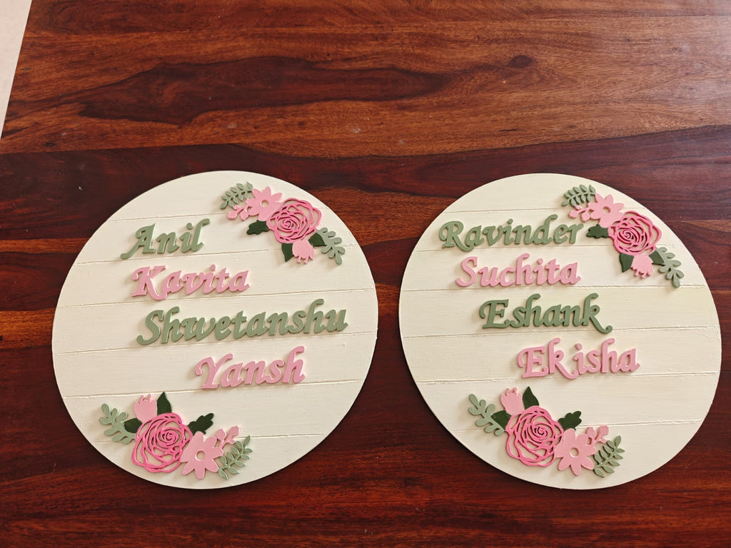 Personalized Floral Wreath Name Board – Handcrafted Round MDF | Multiple Colors