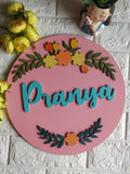 Personalized Floral Wreath Name Board – Handcrafted Round MDF | Multiple Colors