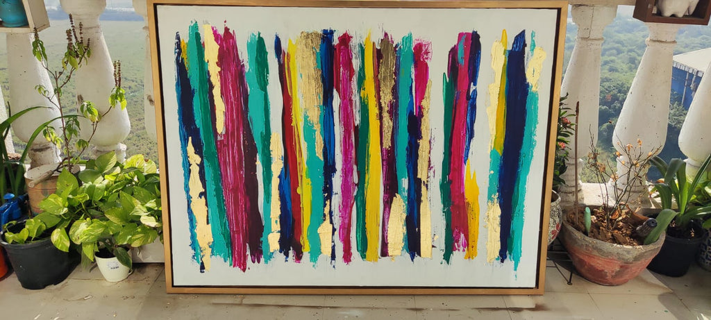Abstract Vertical Brushstroke Acrylic Painting | Gold Accents